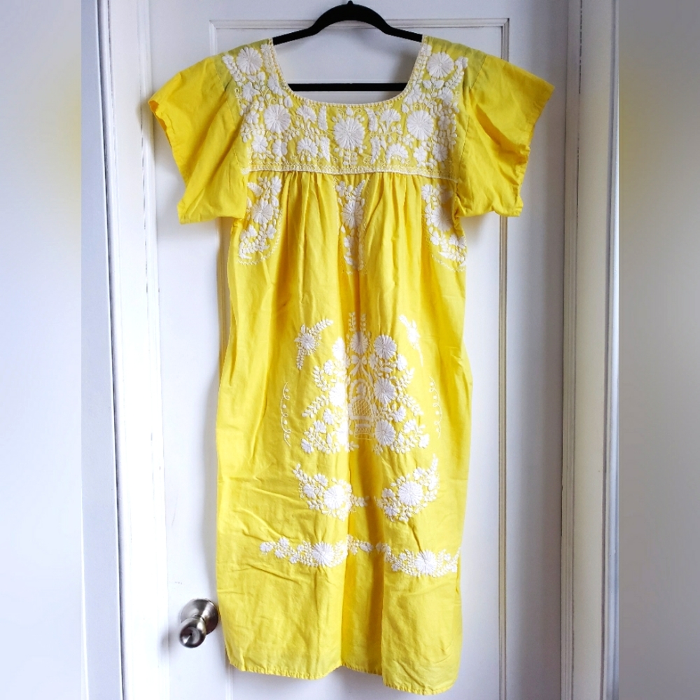 Vintage Embroidered Dress, Yellow 1960s - 1970s Handmade Dress